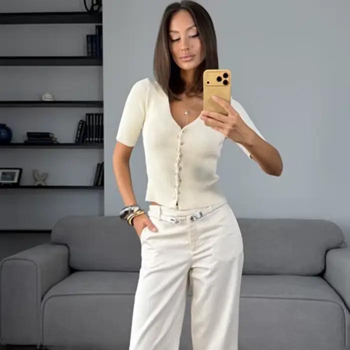Tuularose – hauts tricotés pour femmes, pull côtelé à col en v, couleur unie, patchwork, streetwear, élégant, décontracté, t-shirts féminins