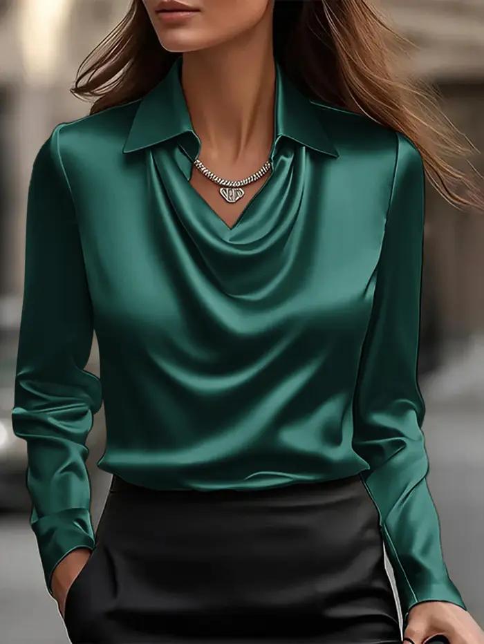 Chemise élégante en satin à col en V - Haut élégant à manches longues pour femme