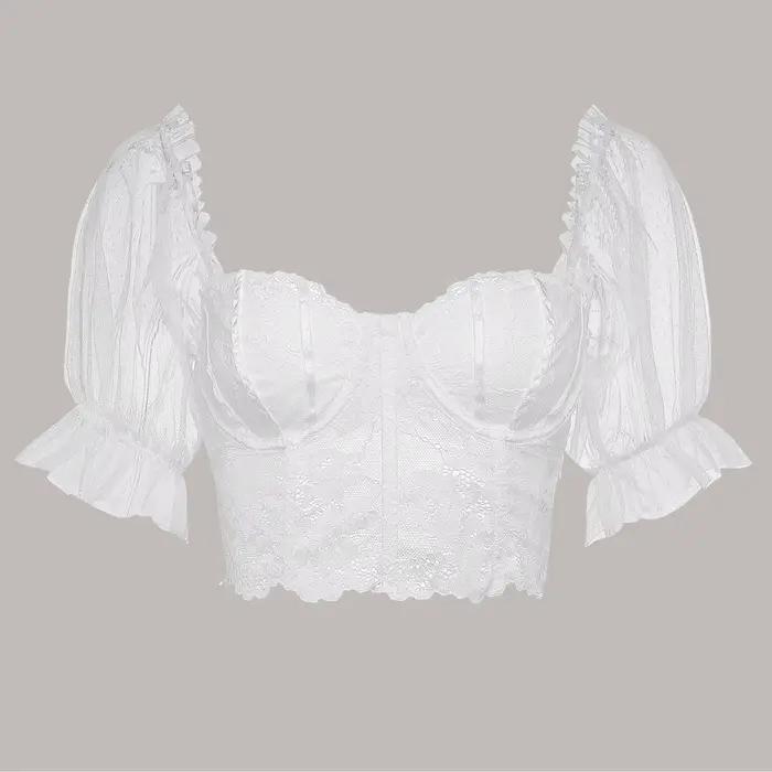 Femmes Blouses Sexy bavarois Oktoberfest hauts à manches courtes pur blanc dentelle