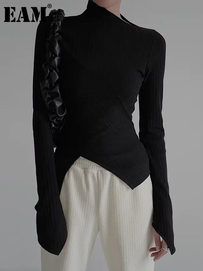 [EAM] noir irrégulier haute élastique tricot pull col roulé à manches longues femmes pulls nouvelle mode printemps automne 2026 1DF490