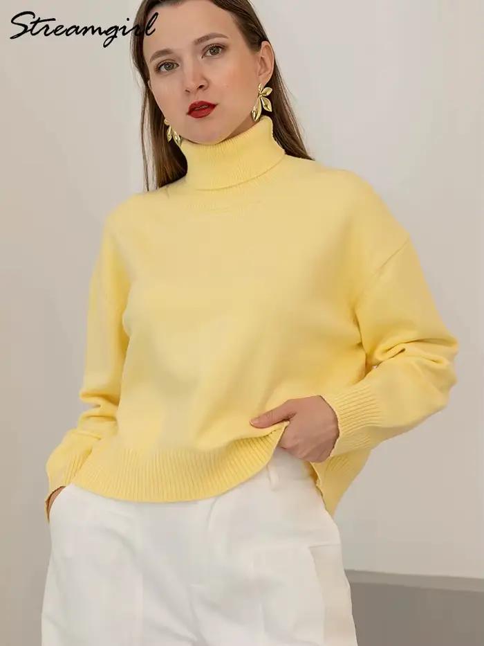 Chandails jaunes à col roulé pour femmes, manches longues, amples, courts, tricotés, chauds, doux, marron, surdimensionnés, automne