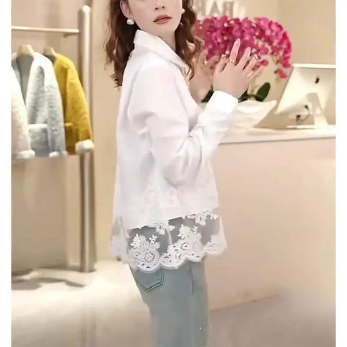 Chemisier brodé en polyester polaire avec dentelle évider pour femmes style safari hiver occasions spéciales