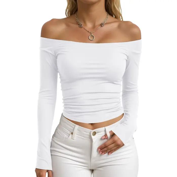 T-Shirt à épaules dénudées pour femmes, sexy, coupe cintrée, couleur unie, hauts plissés à manches longues, chemisier à bascule, dessus de Yoga, printemps automne occasions spéciales