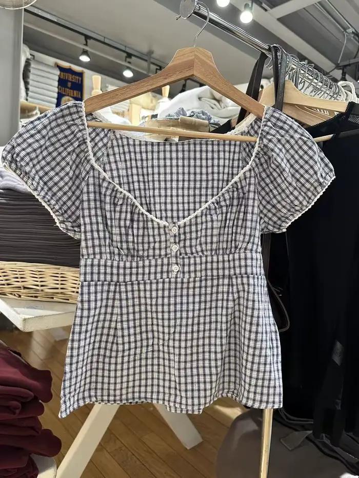 T-Shirt à carreaux bleu marine pour femmes
