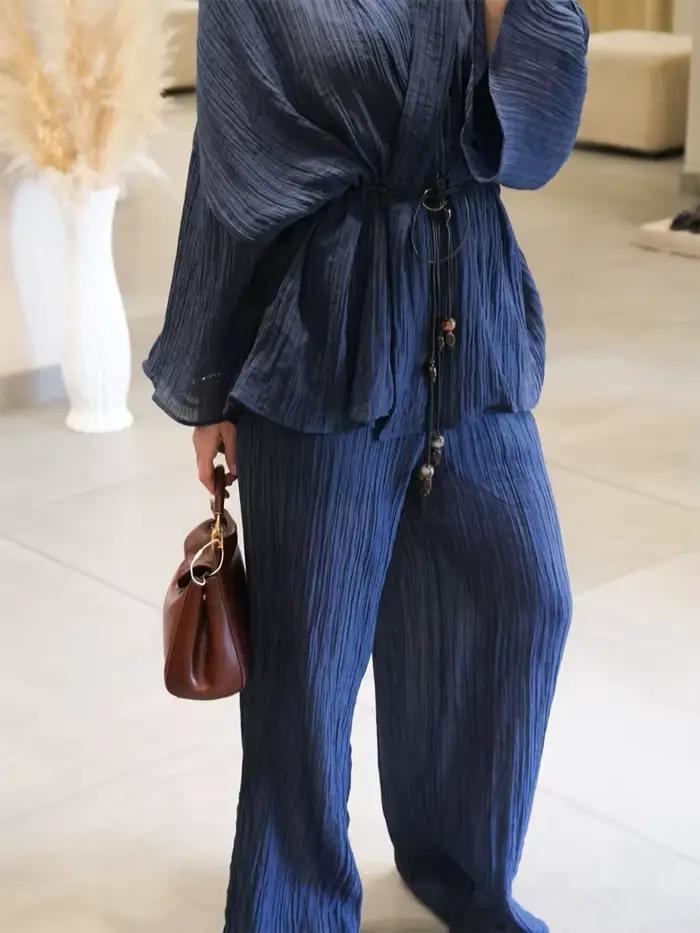 Ensemble 2 pièces décontracté été 2026 pour femme : Blouse à lacets col en V manches longues évasées et pantalon large