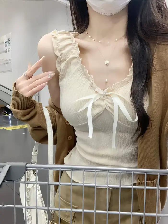 Beige mignon avant nœuds papillon fluide débardeur femmes doux sans manches lin culture maillot de corps volants hauts basiques coréen Sexy t-shirts