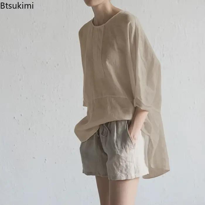 Été nouveau coton lin lâche T-shirts décontractés pour les femmes Simple col rond solide hauts pullover