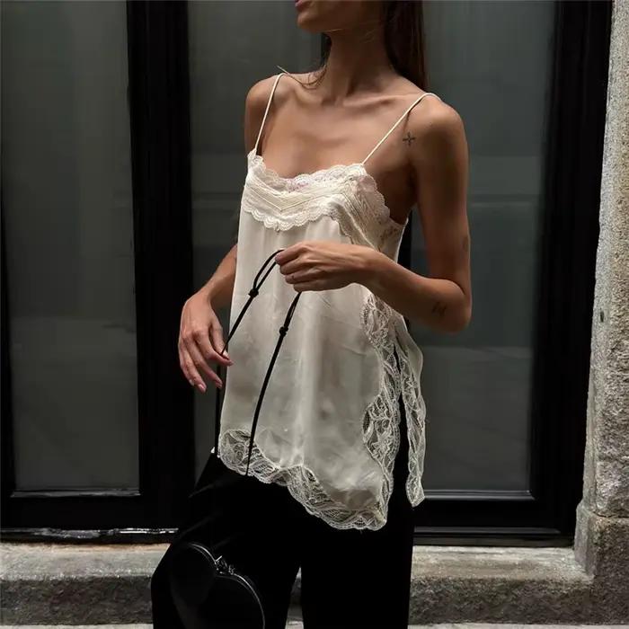 Hirigin femmes dentelle garniture Satin haut bas hauts soie Spaghetti sangle côté fendu asymétrique Cami