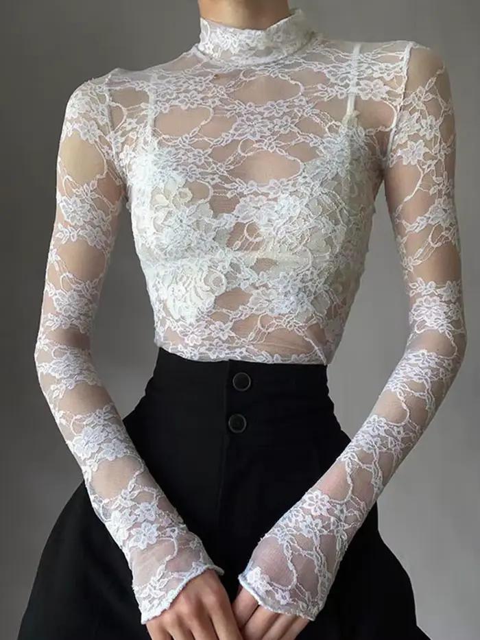 Haut court en dentelle transparente à manches longues élégant et sexy pour femmes sorties nocturnes et occasions spéciales