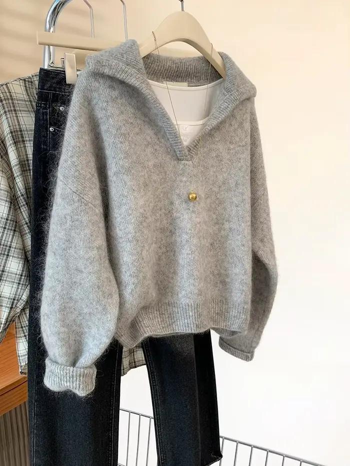 Pull tricoté en cachemire gris à col en v pour femme