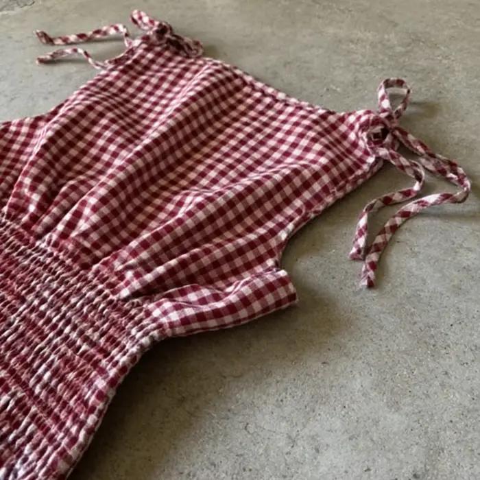 Haut camisole à carreaux rouges et blancs pour femme avec bretelles à nouer