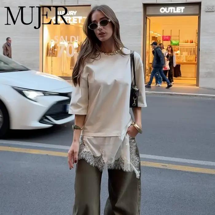 MUJER Polo dentelle T-shirt femme contraste débardeur décontracté femmes à manches courtes haut asymétrique
