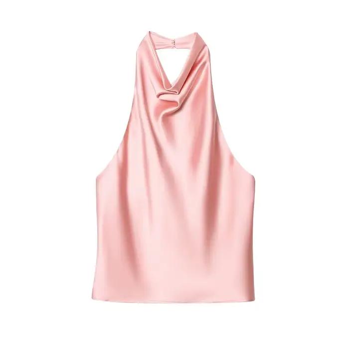 Hauts Halter Femme 2026 – Top Dos Nu en Satin Noir