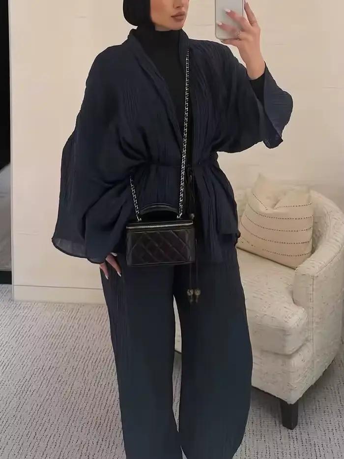 Ensemble 2 pièces décontracté été 2026 pour femme : Blouse à lacets col en V manches longues évasées et pantalon large