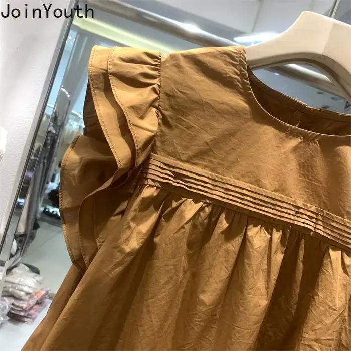 Chemisier coréen pour femmes manches volantes col rond chemises amples 2025 Blusas Mujer De Moda Vintage été hauts Chic doux Blouses blanches