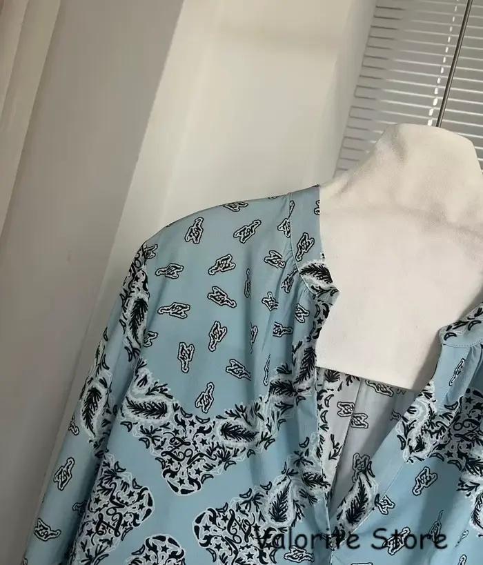 Chemisier Femme Bleu Imprimé Col V Manches Longues 2026ss NOUVEAU Hauts Chemises Haute Qualité