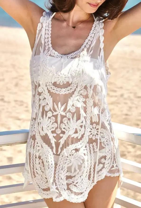 Boho plage cache-up Sexy sans manches Blouse chemise femmes haut en dentelle été Mini robes broderie florale T-Shirts
