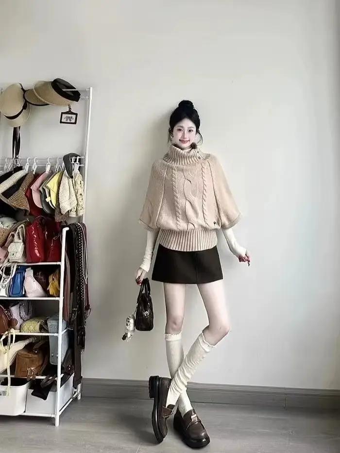 Pulls coréens vêtements pour femmes col roulé à manches courtes Pull Femme Vintage tricot côtelé recadrée