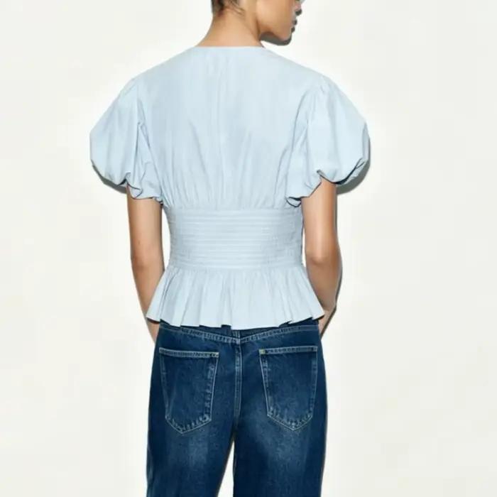 Chemisier peplum pour femme, col rond, plissé, manches courtes bouffantes, taille cintrée, hauts smockés d'été