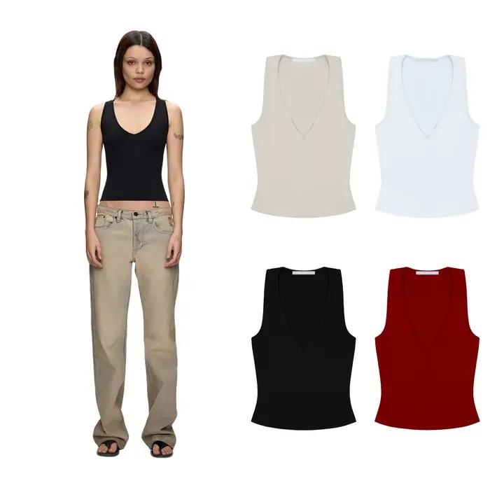 Débardeur pour filles à col en V, bretelles larges, décolleté bas, sans manches, coupe ajustée, style court, haut à porter sous les vêtements, moulant, cintrant la taille, t-shirt basique sans manches, débardeur racerback à col en V