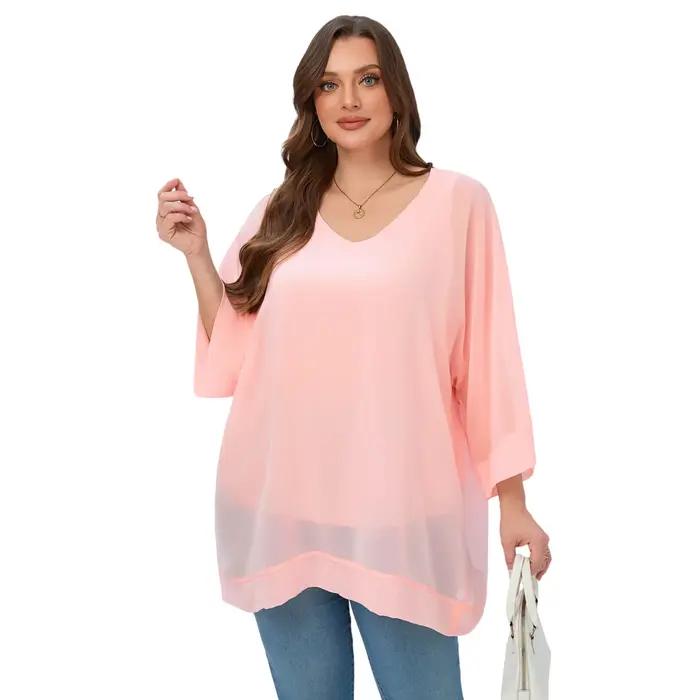 Femmes 3/4 manches été printemps élégant en mousseline de soie Blouse ample surdimensionné Cape