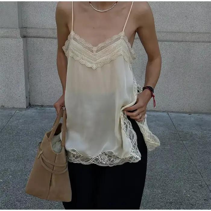 Hirigin femmes dentelle garniture Satin haut bas hauts soie Spaghetti sangle côté fendu asymétrique Cami
