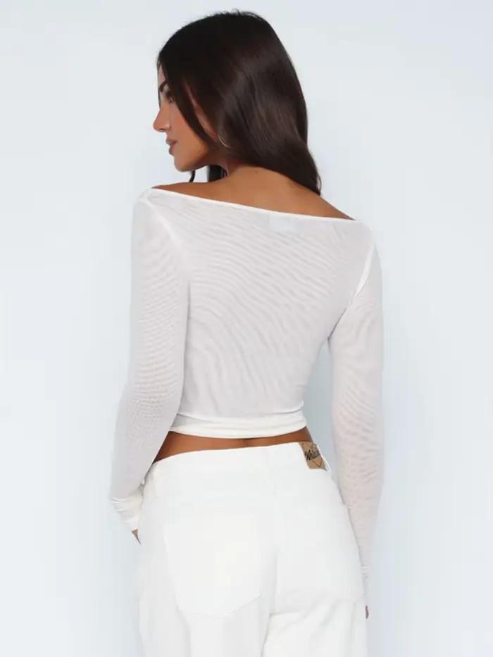 T-shirt transparent en maille polyester pour femmes, style streetwear avec col rond, haut court, accessoires Y2k, vêtements esthétiques à manches longues pour les soirées et les occasions spéciales