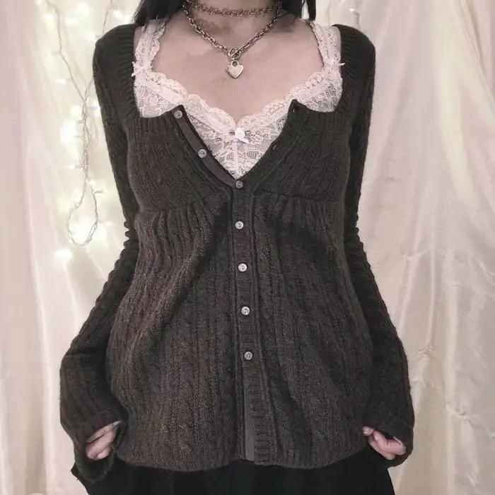 Coquette Grunge Y2K 00s Vintage pull simple boutonnage à manches longues Cardigan 00s esthétique Kawaii tricots T-shirt femmes vêtements