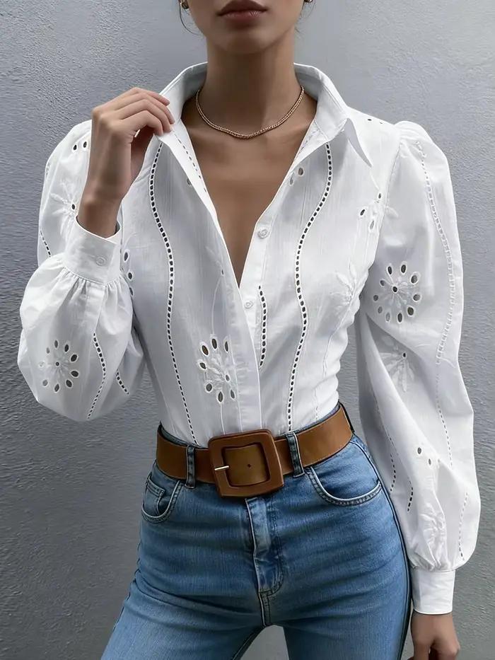 Chemisier Femme Printemps-Été Blanc Broderie Anglaise Manches Longues Bouffantes Saint-Valentin Élégant Romantique Décontracté Vacances