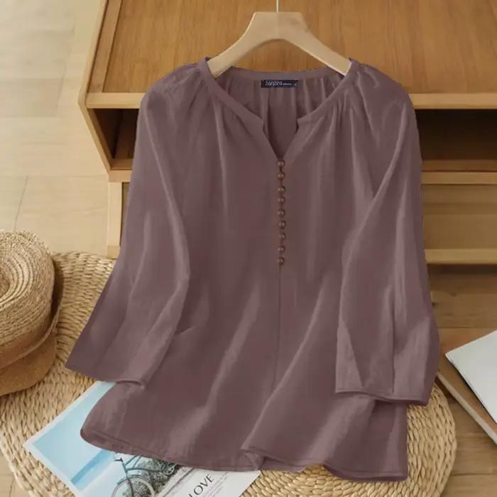Chemisier Femme ZANZEA 2026 Printemps-Été Décontracté Col V Manches 3/4 Couleur Unie Hauts Élégants