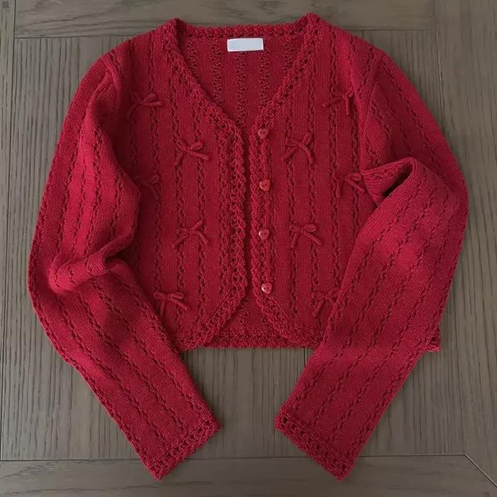 Cardigan Doux pour Femmes Junior Avec Nœuds en Crochet et Décoration en Forme de Cœur Occasions Spéciales Élégant à Offrir