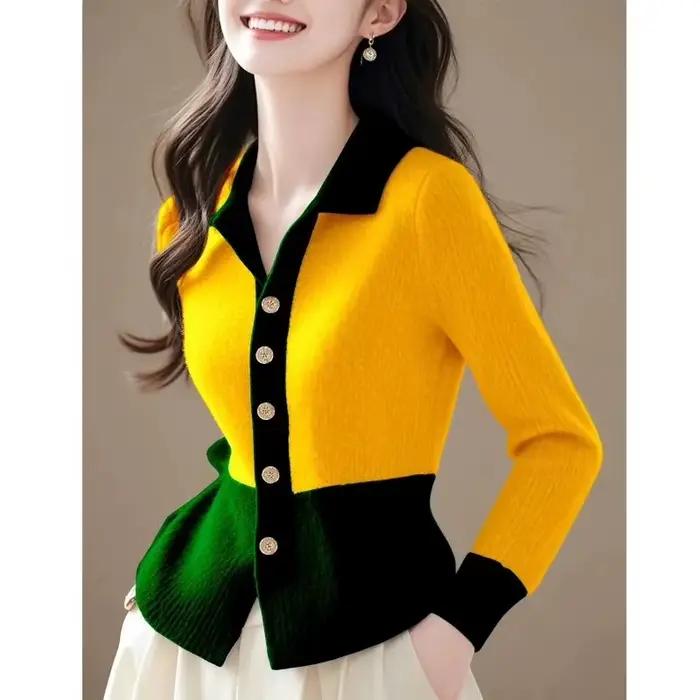 Pull tricoté IOQRCJV femelle pull tricoté streetwear patchwork automne hiver col polo polyvalent à offrir pour femme occassions spéciales