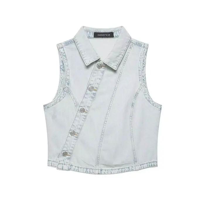 Gilet en jean double boutonnage taille basse pour femme