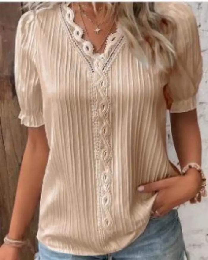 Chemise femme grande taille chemisier jaune-vert violettes blanc uni dentelle manches courtes décontracté basique col