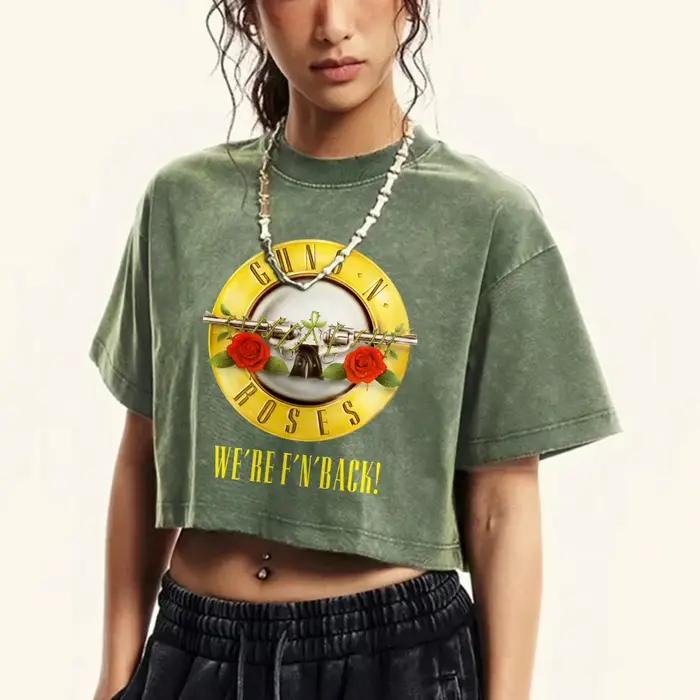 T-shirt Rose et Pistoles en coton pur pour femmes, style streetwear, courte longueur, imprimé délavé, coupe ample, pour occasions spéciales
