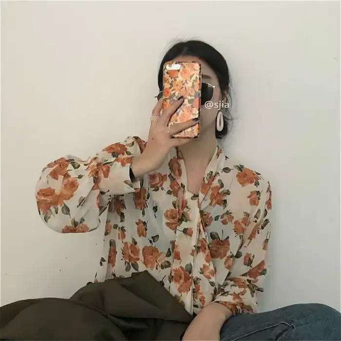 Chemisiers rétro à manches longues pour femmes design floral doux mode coréenne chic printemps automne