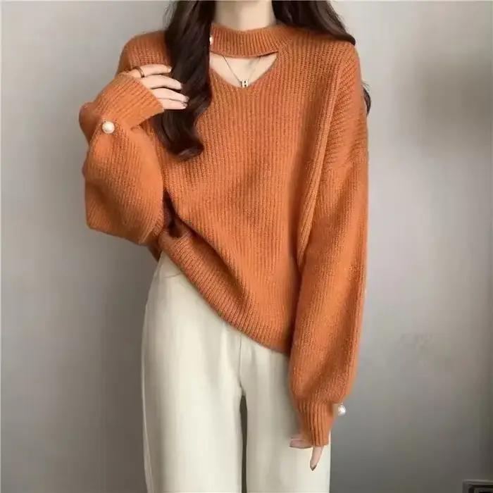 Pull en tricot à col en V rouge pour femme