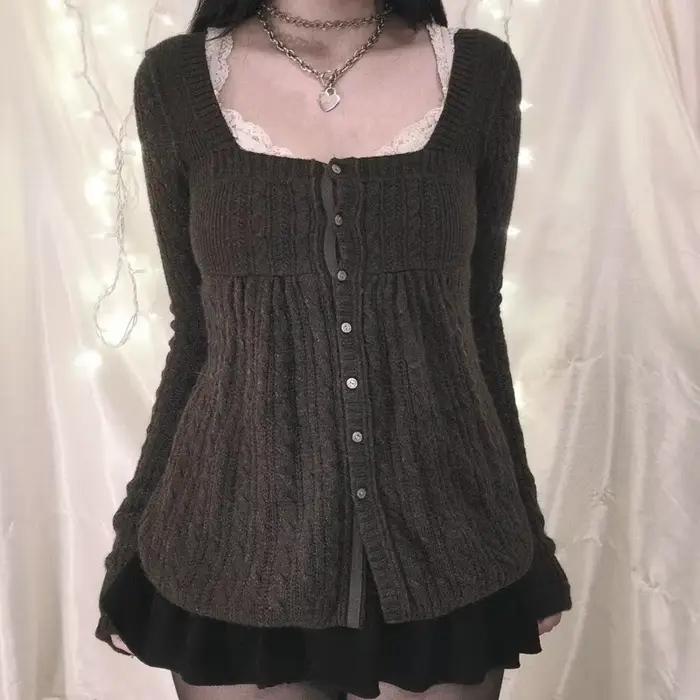 Coquette Grunge Y2K 00s Vintage pull simple boutonnage à manches longues Cardigan 00s esthétique Kawaii tricots T-shirt femmes vêtements