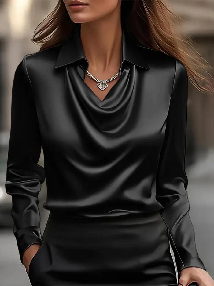 Chemise élégante en satin à col en V - Haut élégant à manches longues pour femme