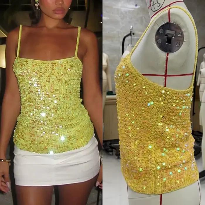 Y2k – haut court en Crochet à paillettes pour femmes