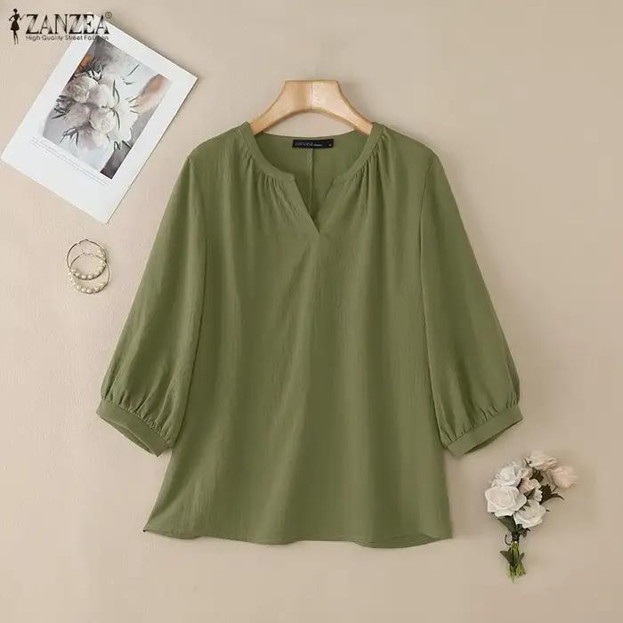 ZANZEA mode femmes 3/4 manches Blouse automne col en V Chemise solide printemps bureau Blouses décontracté hauts amples