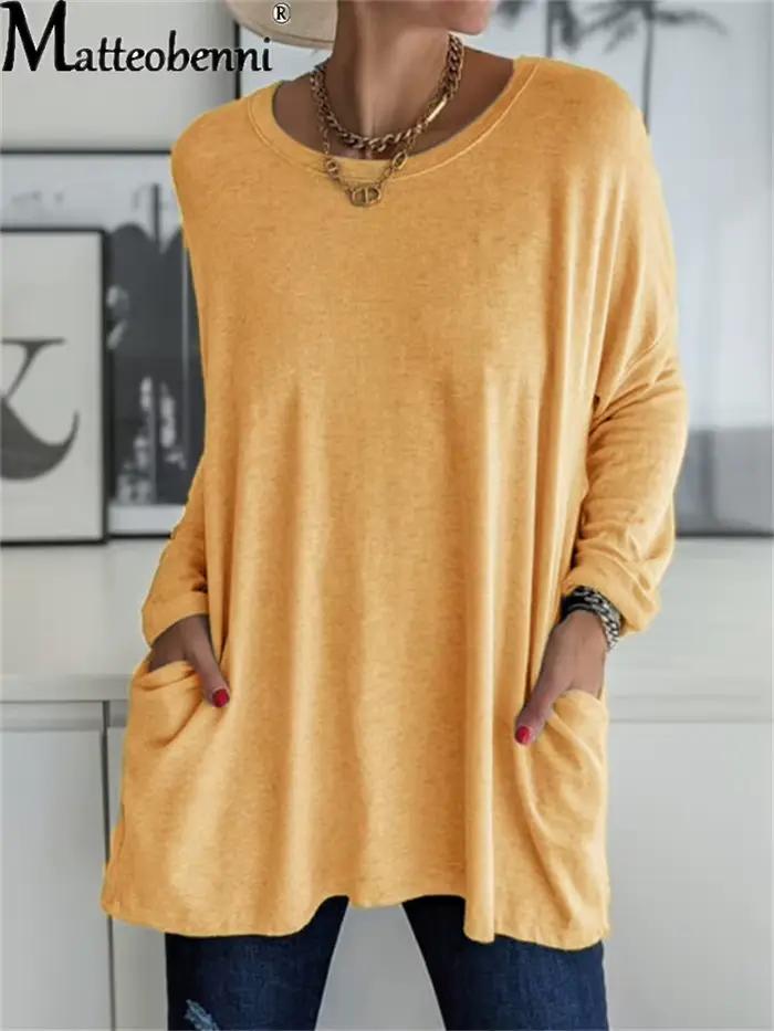 Tunique à manches longues et col rond pour femme, haute en polyester et élasthanne avec poche, décontractée et ample, mode printemps été 2024, pour occasions spéciales et quotidienne