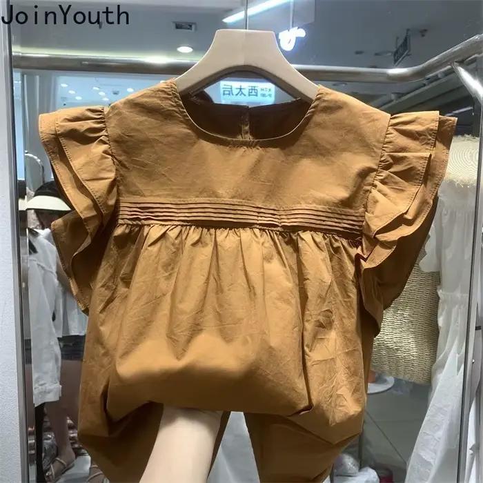 Chemisier coréen pour femmes manches volantes col rond chemises amples 2025 Blusas Mujer De Moda Vintage été hauts Chic doux Blouses blanches