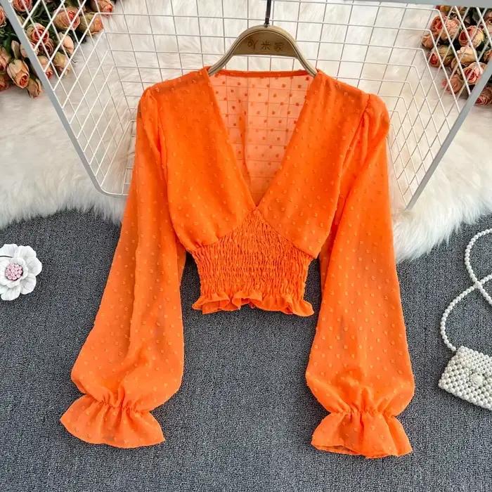 Blusas femme à manches longues haut court Blouses femmes Blusa Feminina à pois col en V Blouse