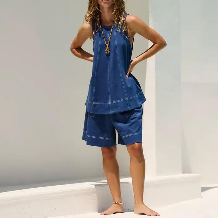 Ensemble décontracté d'été pour femme : Tunique sans manches et short à taille élastique – Tenue de détente