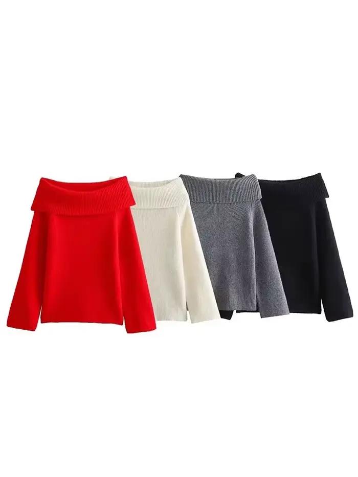 HH femmes mode solide épaules nues pull à manches longues tricoté
