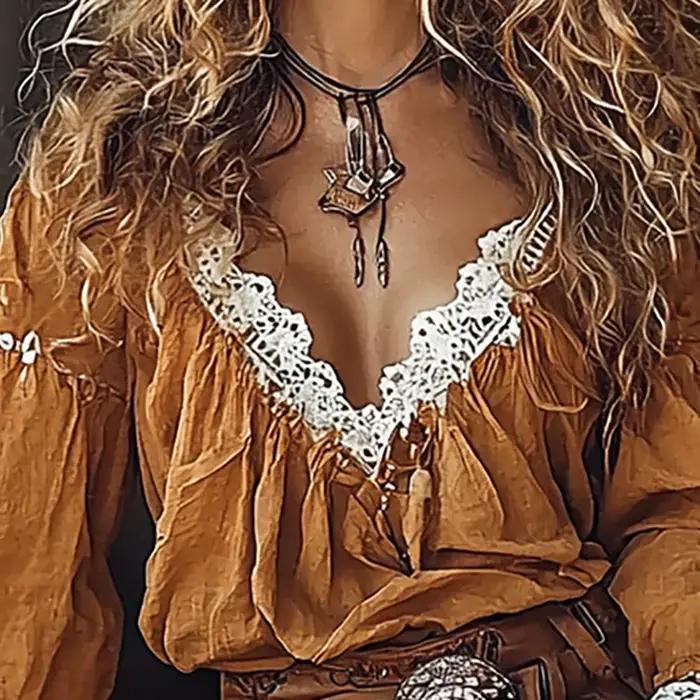 Vintage bohême femmes Western Cowgirl Chic Blouse Sexy dentelle col en v en mousseline de soie cloche manches longues ample vacances femme chemise Blouses