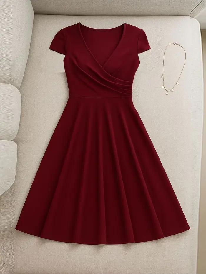 Robe élégante pour femme à col rond, manches courtes, unie, coupe trapèze, longueur aux genoux, taille haute, pour soirées, mariages, décontractée, voyage