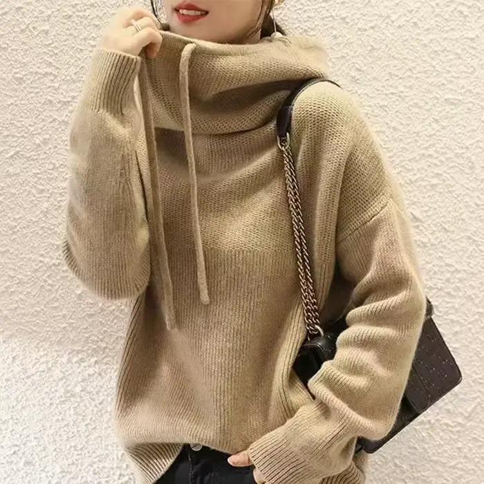 Pull-over en tricot épais et ample pour femme, nouvelle collection automne-hiver 2026, à capuche unie, avec cordon de serrage, manches longues, style vintage