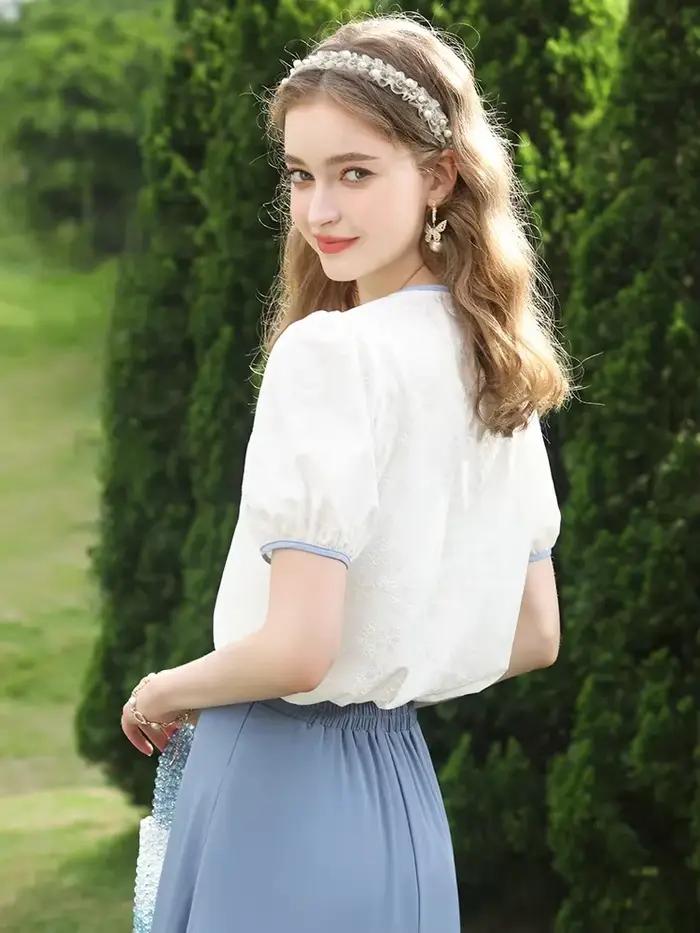 Je crois que vous chemisier blanc français bouffée manches courtes chemises et chemisiers en coton femmes hauts 2025 été femme chemise 2232055047